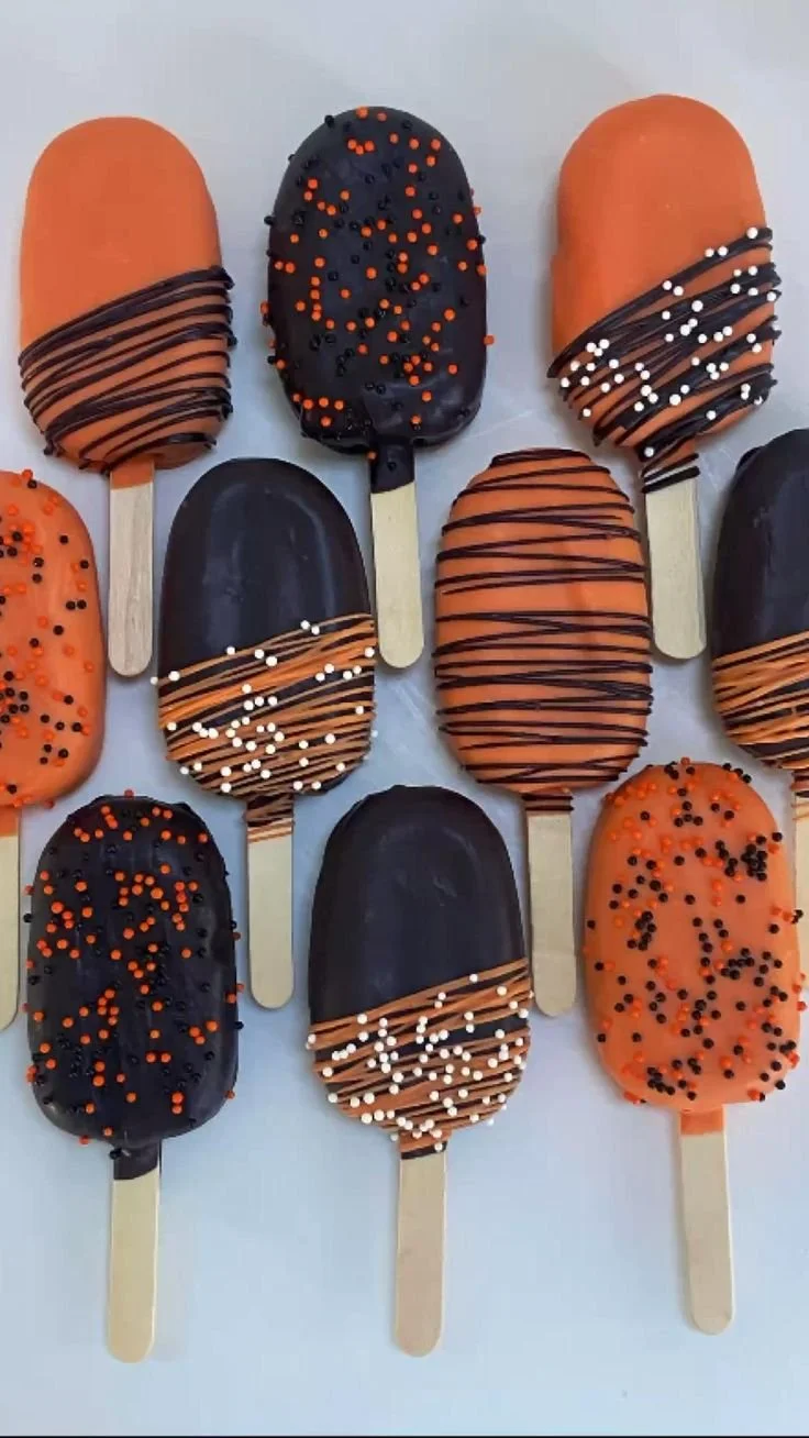 Festive Halloween cakesicles decorated with spooky designs and colors.