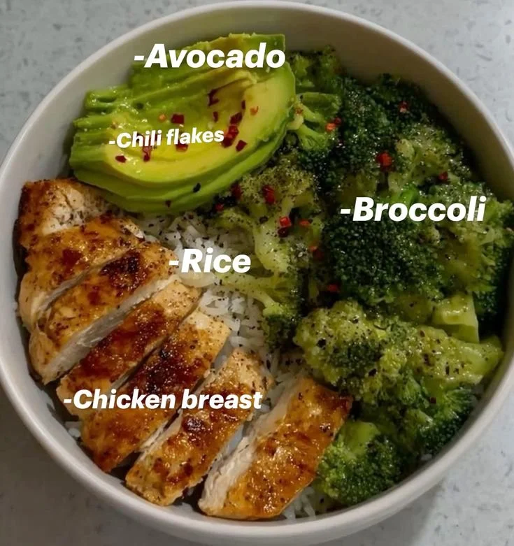 Healthy chicken rice bowl with avocado and broccoli, high protein meal prep dish.