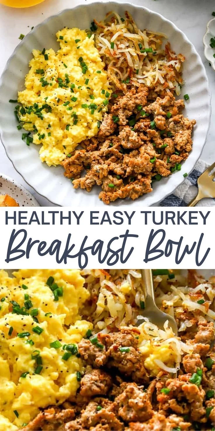 Healthy easy turkey breakfast bowl with vegetables and spices