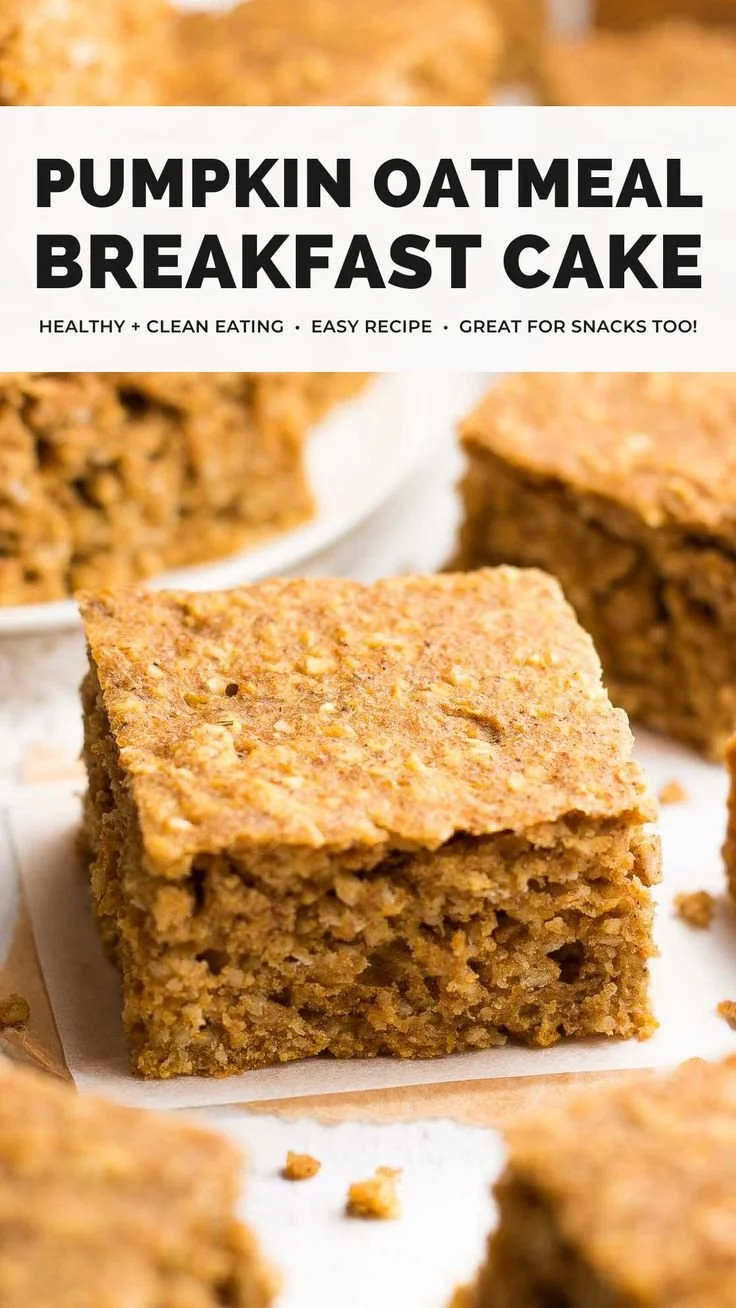 Healthy pumpkin oatmeal breakfast cake served on a plate with spices