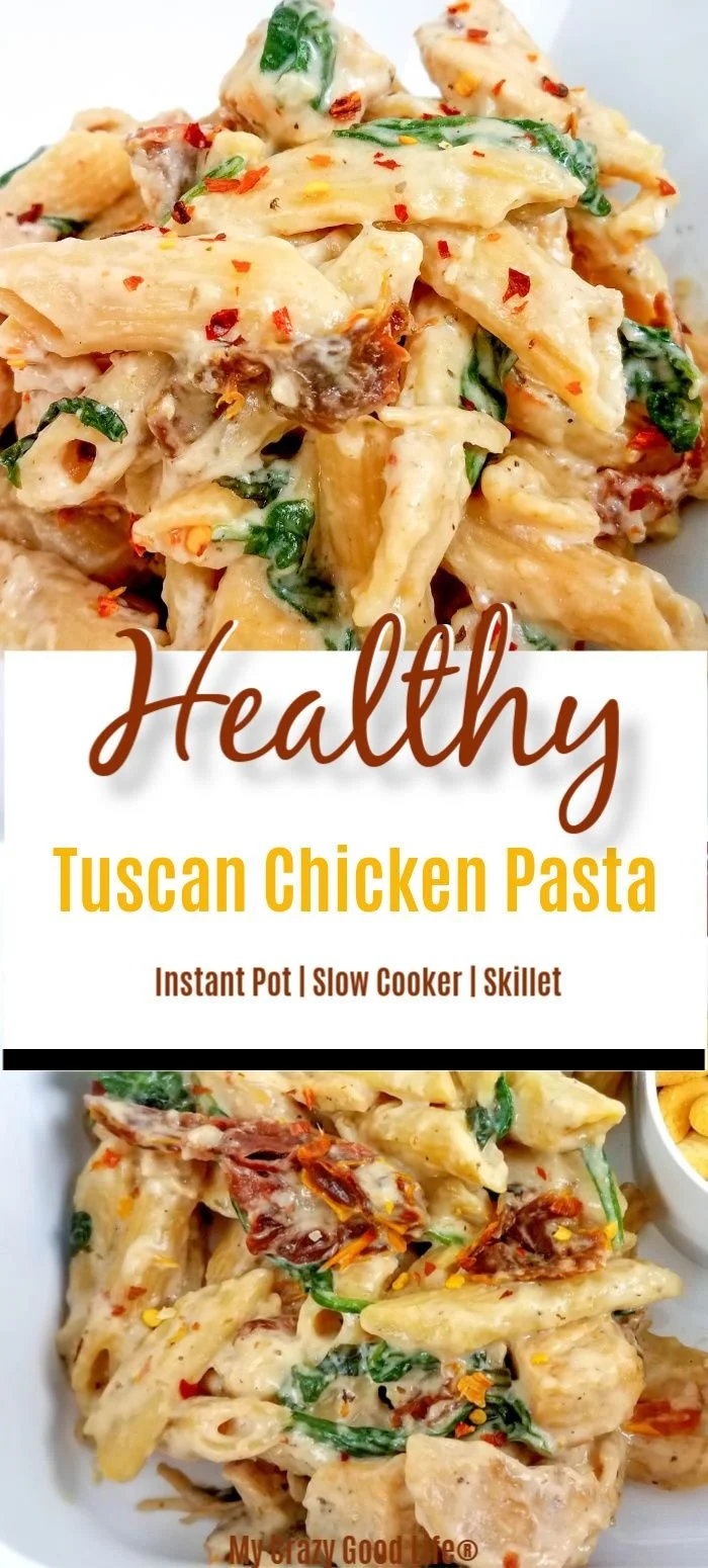Healthy Tuscan Chicken Pasta served in a bowl with fresh ingredients