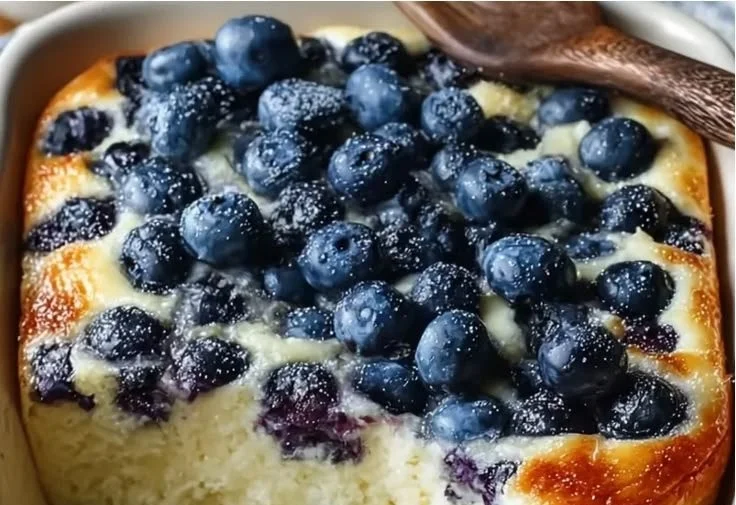 High protein blueberry cottage cheese bake topped with fresh blueberries