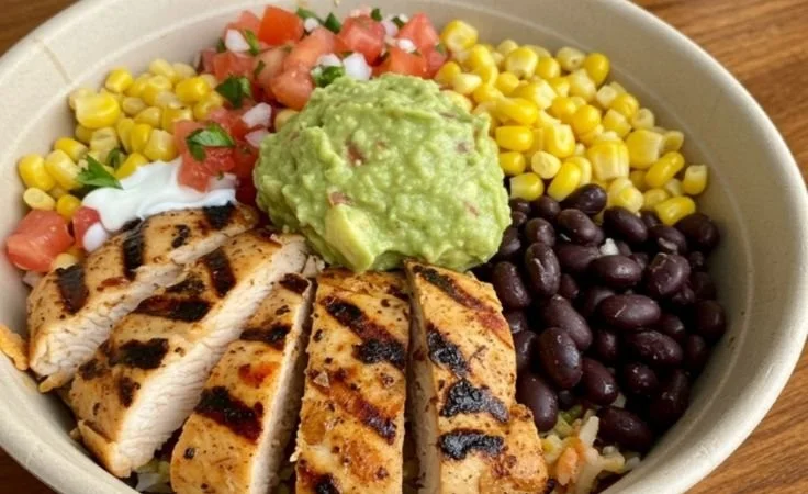 High-protein chicken burrito bowl with ingredients served in a bowl