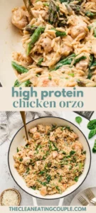 High protein chicken orzo dish served with fresh herbs and vegetables
