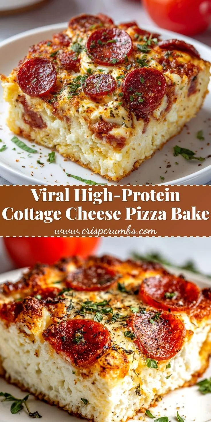 High-protein cottage cheese pizza bake on a white plate with fresh herbs