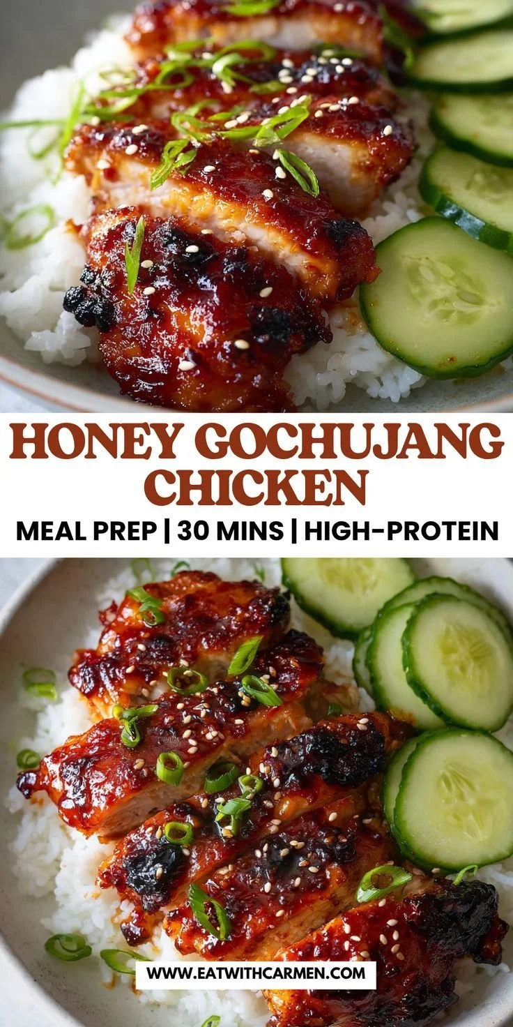 High-protein honey gochujang chicken served with veggies and rice.