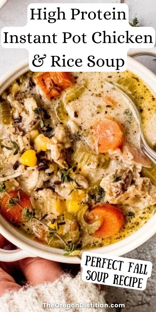 High protein Instant Pot chicken rice soup in a bowl with fresh herbs