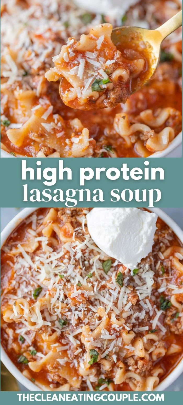 Bowl of high protein lasagna soup garnished with cheese and herbs