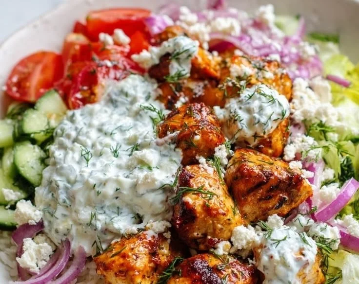 High protein Mediterranean lemon-dill chicken bowl with fresh herbs and veggies