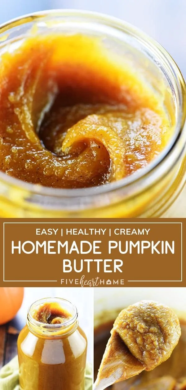 A jar of homemade pumpkin butter with a spoon, garnished with cinnamon sticks.