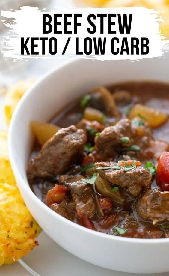 Delicious Keto Beef Stew in a rustic bowl with vegetables