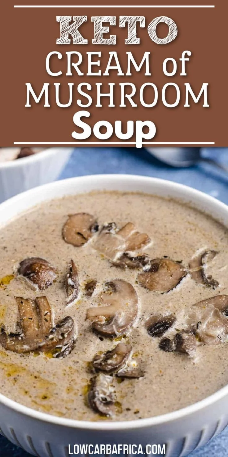 Delicious keto cream of mushroom soup in a bowl topped with fresh herbs