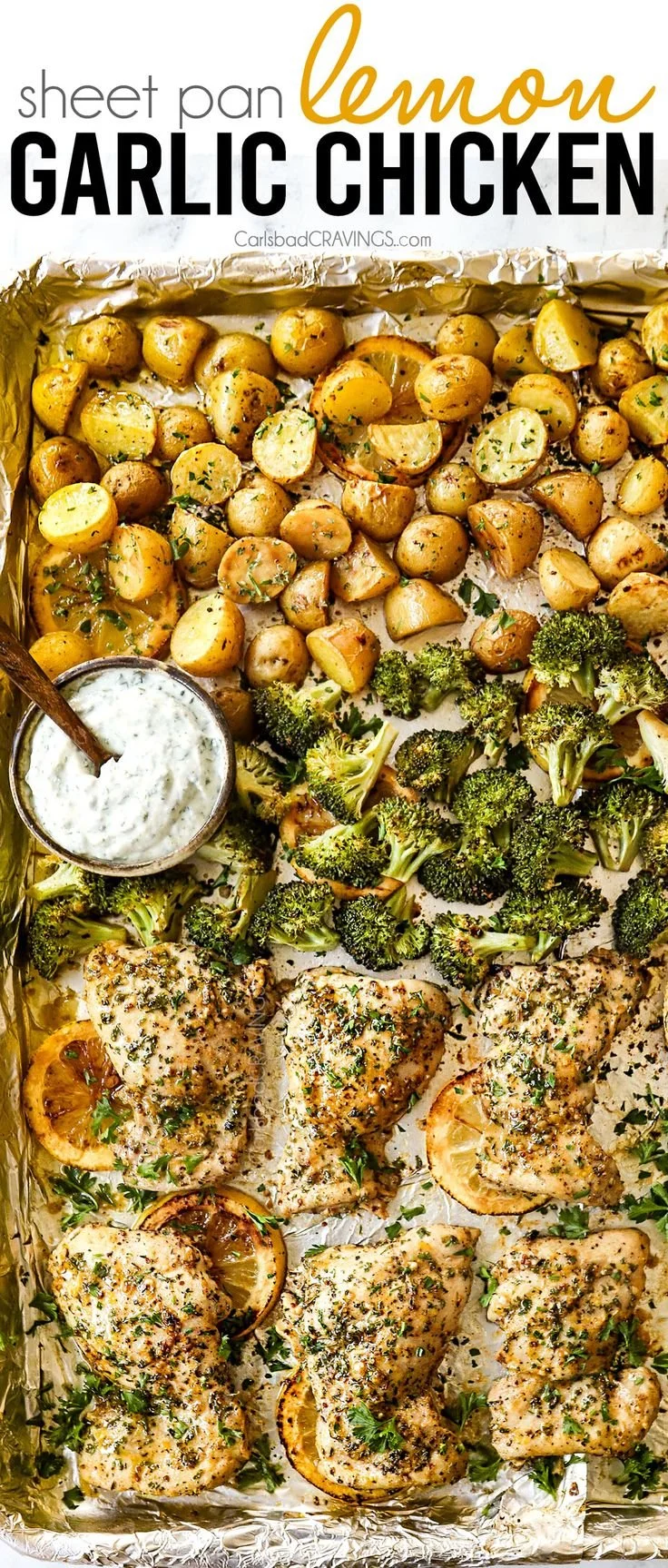 Sheet pan Lemon Garlic Chicken with potatoes and broccoli dish
