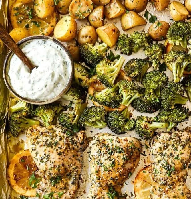 Lemon Garlic Chicken Thighs with Broccoli and Potatoes