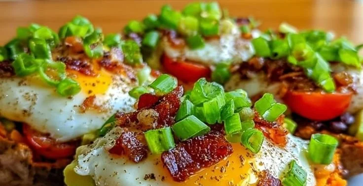 Delicious loaded breakfast sweet potatoes topped with savory ingredients
