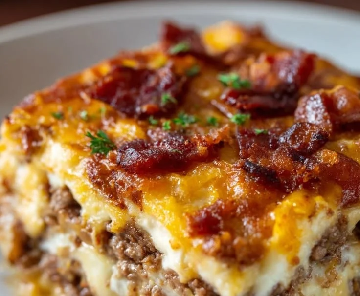 Low-carb bacon cheeseburger casserole served in a baking dish
