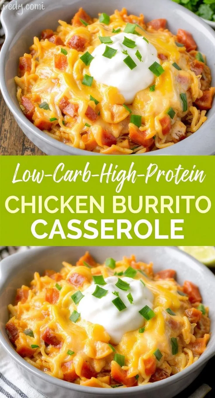 Low-Carb High-Protein Chicken Burrito Casserole garnished and served in a dish