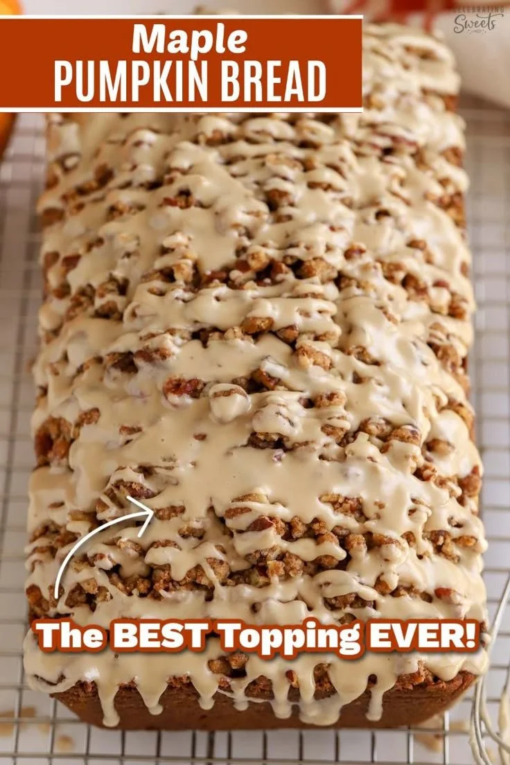 Slice of homemade Maple Pumpkin Bread topped with maple syrup and spices.