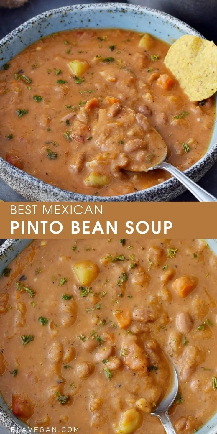 Delicious Mexican pinto bean soup garnished with cilantro and lime