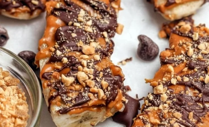 Frozen banana snickers, a healthy and delicious dessert treat for everyone.