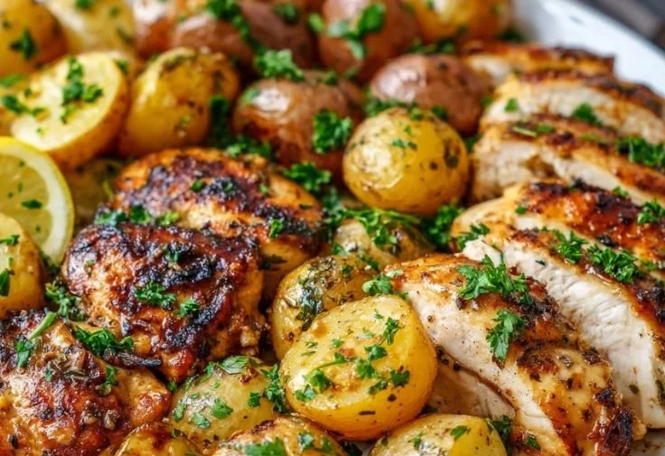 Delicious one-pan lemon balsamic chicken and potatoes ready for a quick dinner