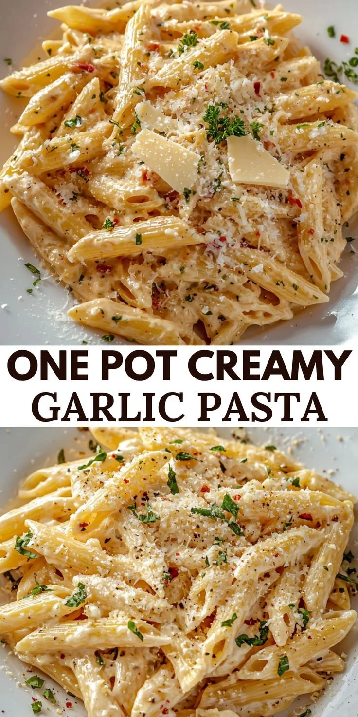 Delicious one pot creamy garlic pasta ready to serve