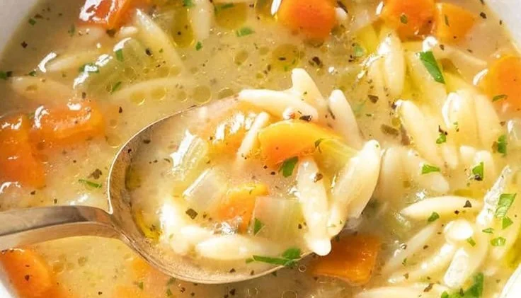 Bowl of homemade orzo soup with vegetables and herbs