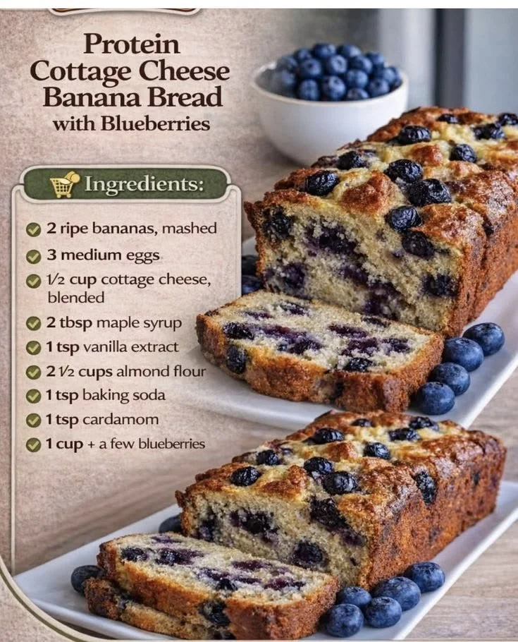 Protein cottage cheese banana bread with blueberries fresh out of the oven