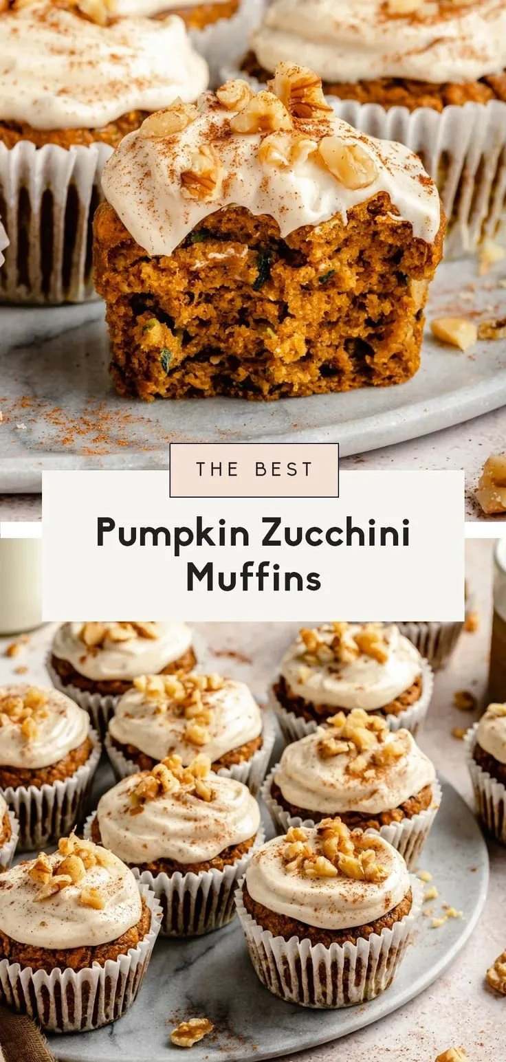 Freshly baked Pumpkin Zucchini Muffins on a rustic wooden table.