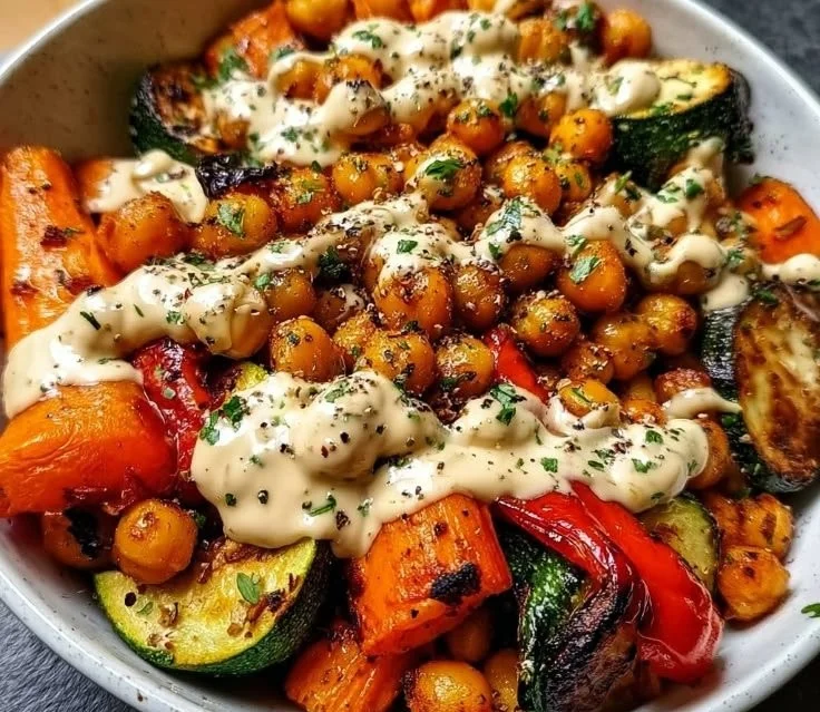 Colorful roasted vegetable and chickpea bowl packed with healthy ingredients