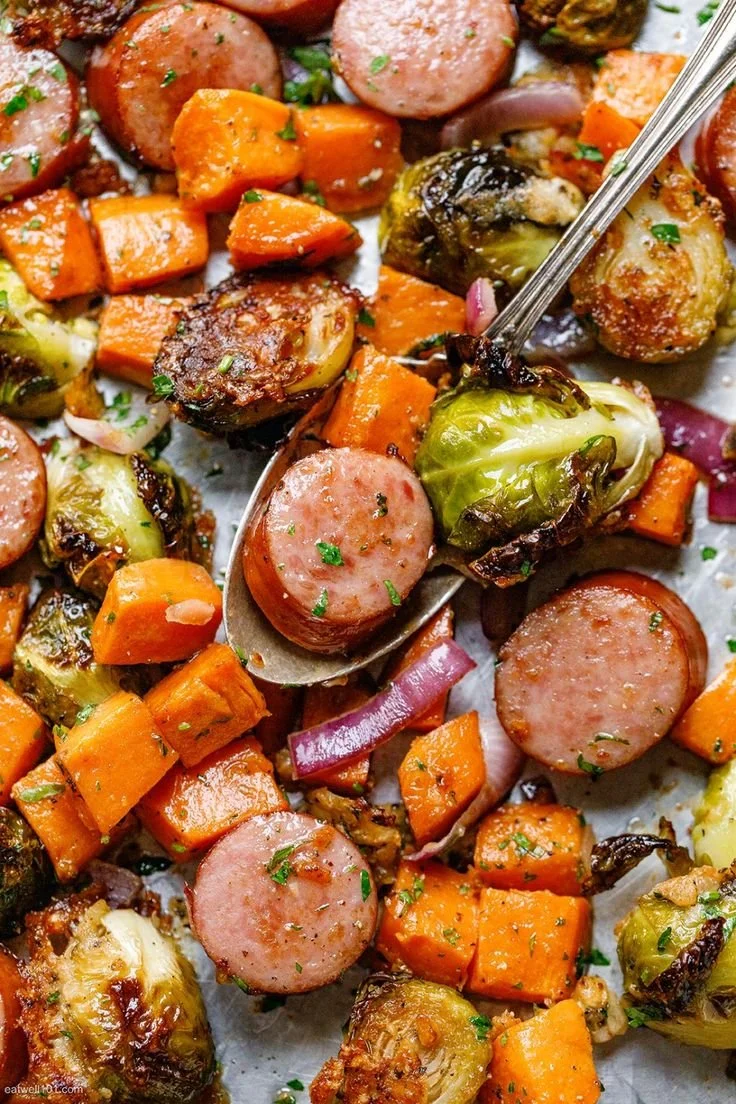Sheet-pan maple-Dijon sausage with roasted fall vegetables