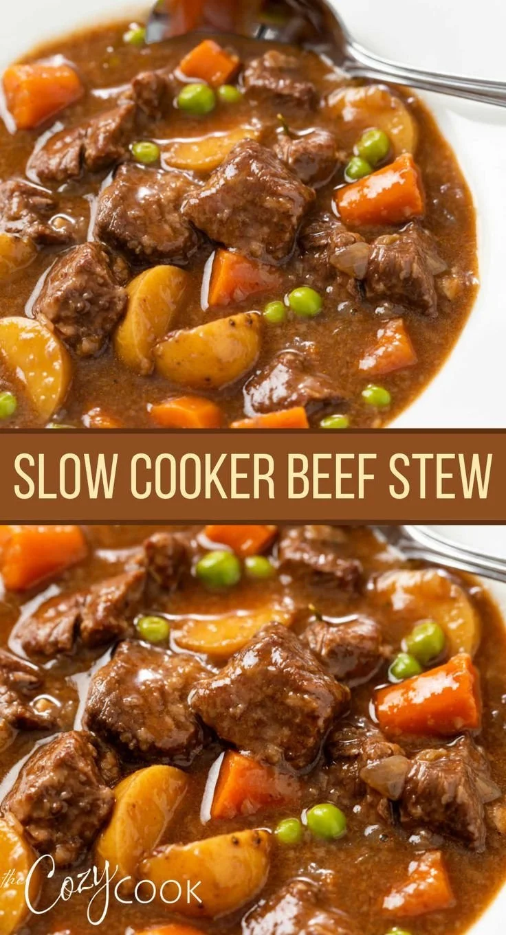 Hearty slow cooker beef stew in a bowl with vegetables
