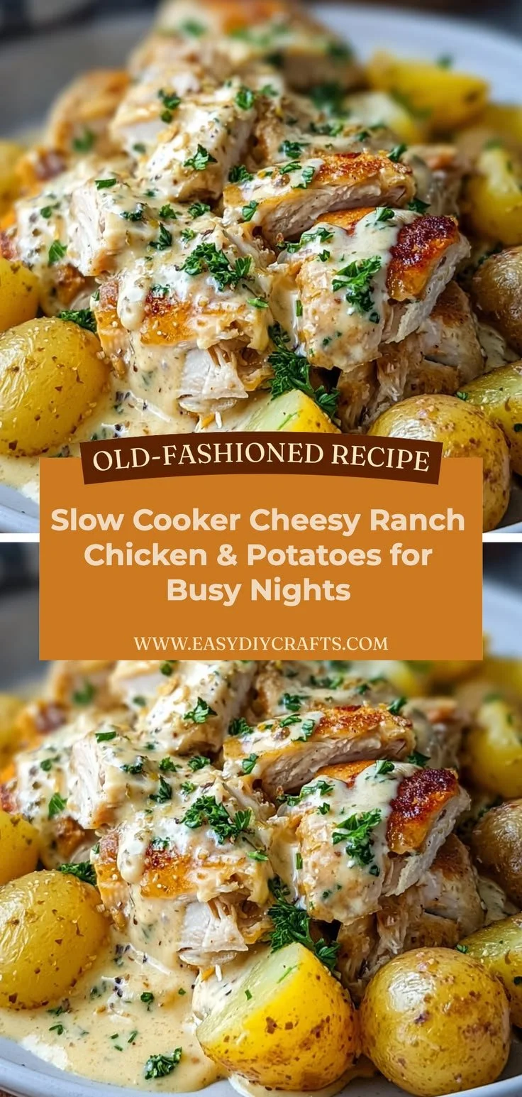 Slow cooker cheesy ranch chicken and potatoes dish ready to serve.