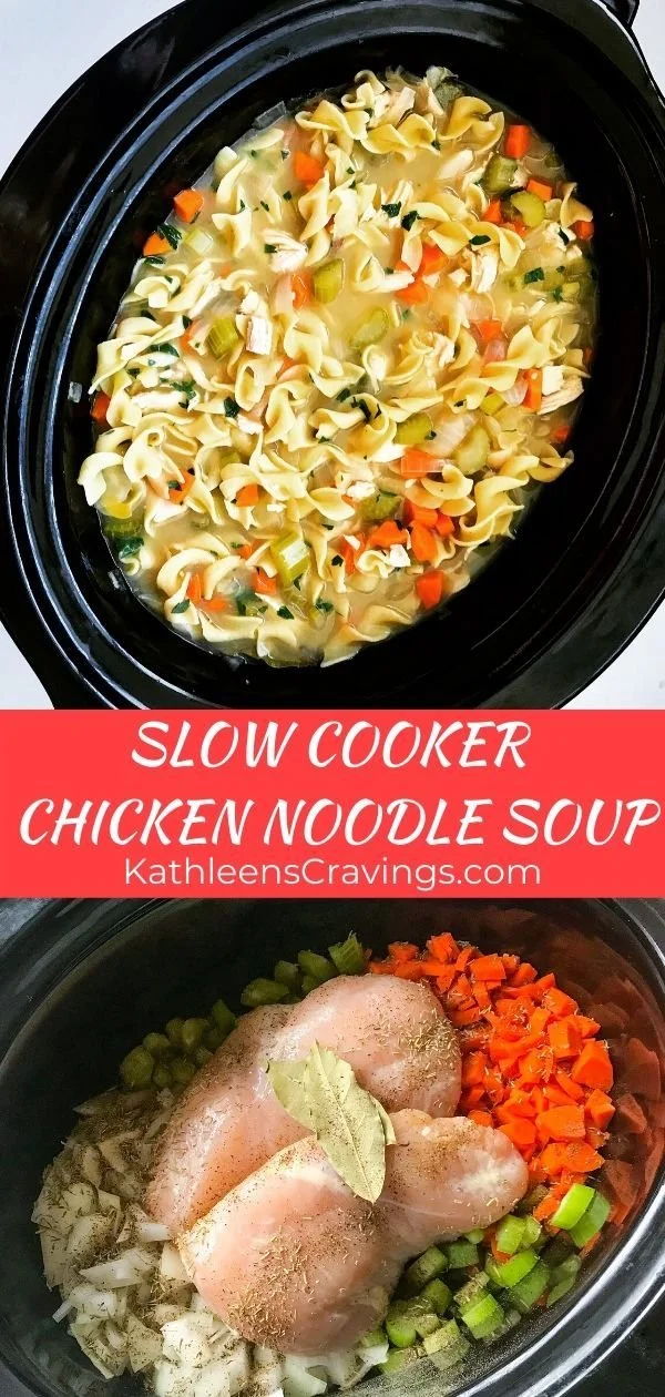 Bowl of slow cooker chicken noodle soup with vegetables and noodles