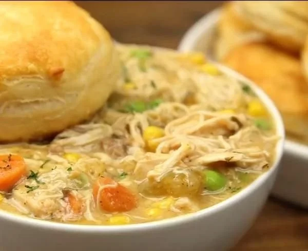 Slow cooker chicken pot pie with vegetables and flaky crust