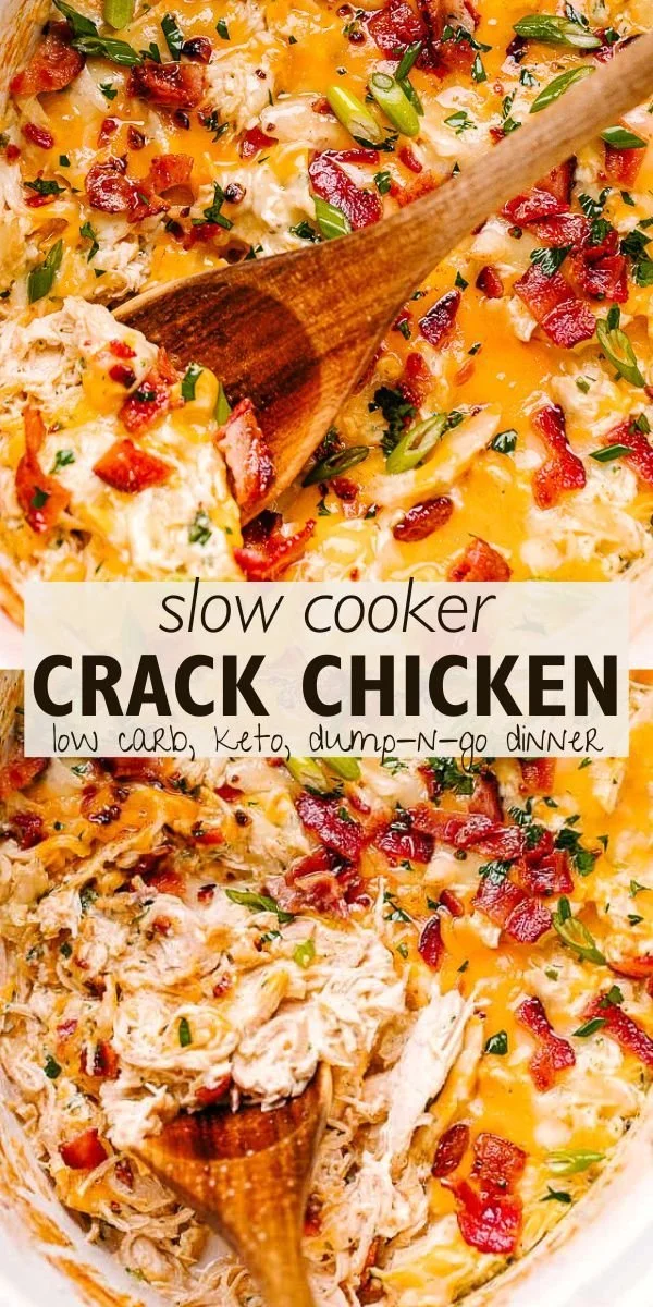 Bowl of slow cooker crack chicken topped with green onions and cheese.