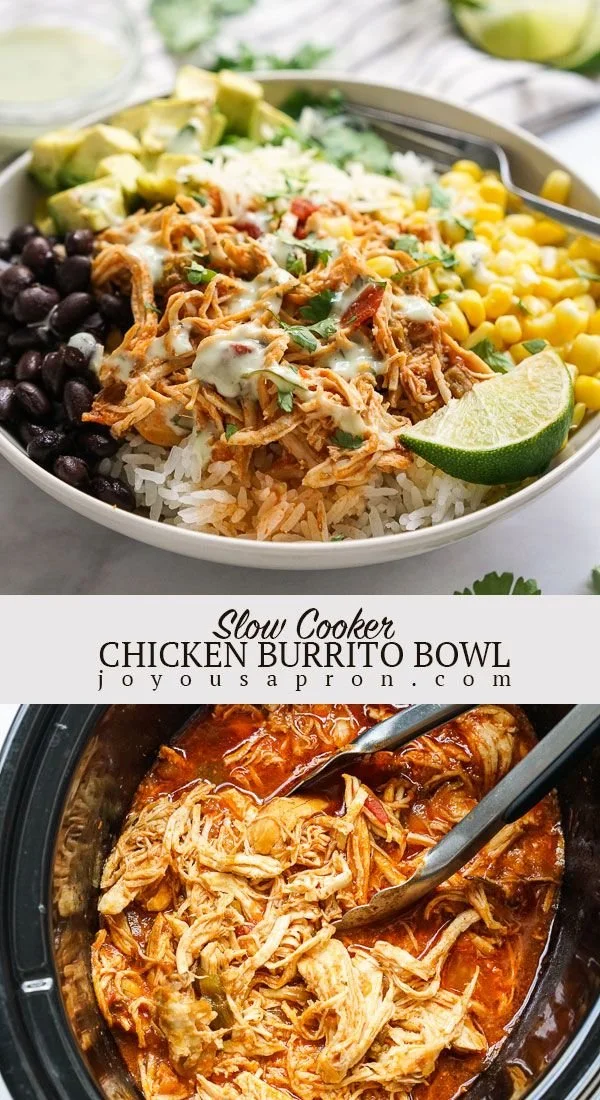 Delicious Slow Cooker Chicken Burrito Bowl with chicken, rice, and fresh toppings