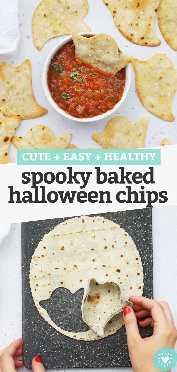 Spooky baked Halloween chips, gluten-free and paleo-friendly, on a festive table.