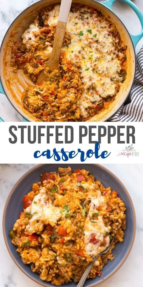 Delicious stuffed pepper casserole in a baking dish, topped with cheese.