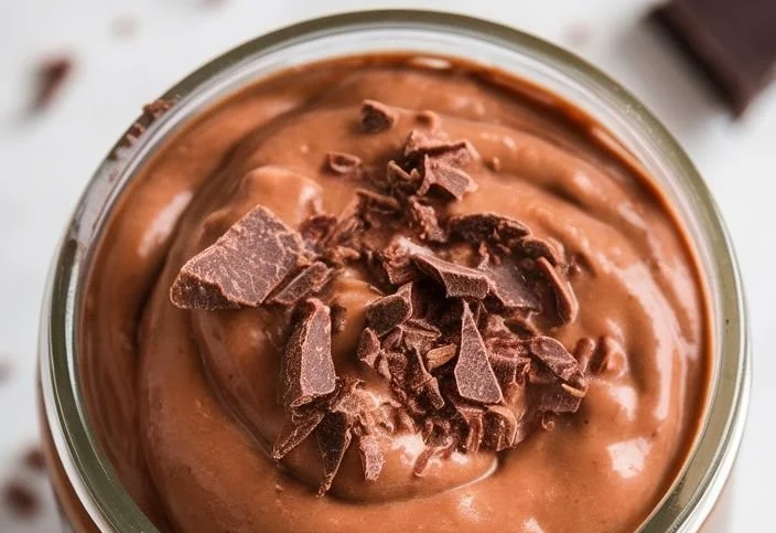Bowl of high protein chocolate pudding topped with chocolate shavings