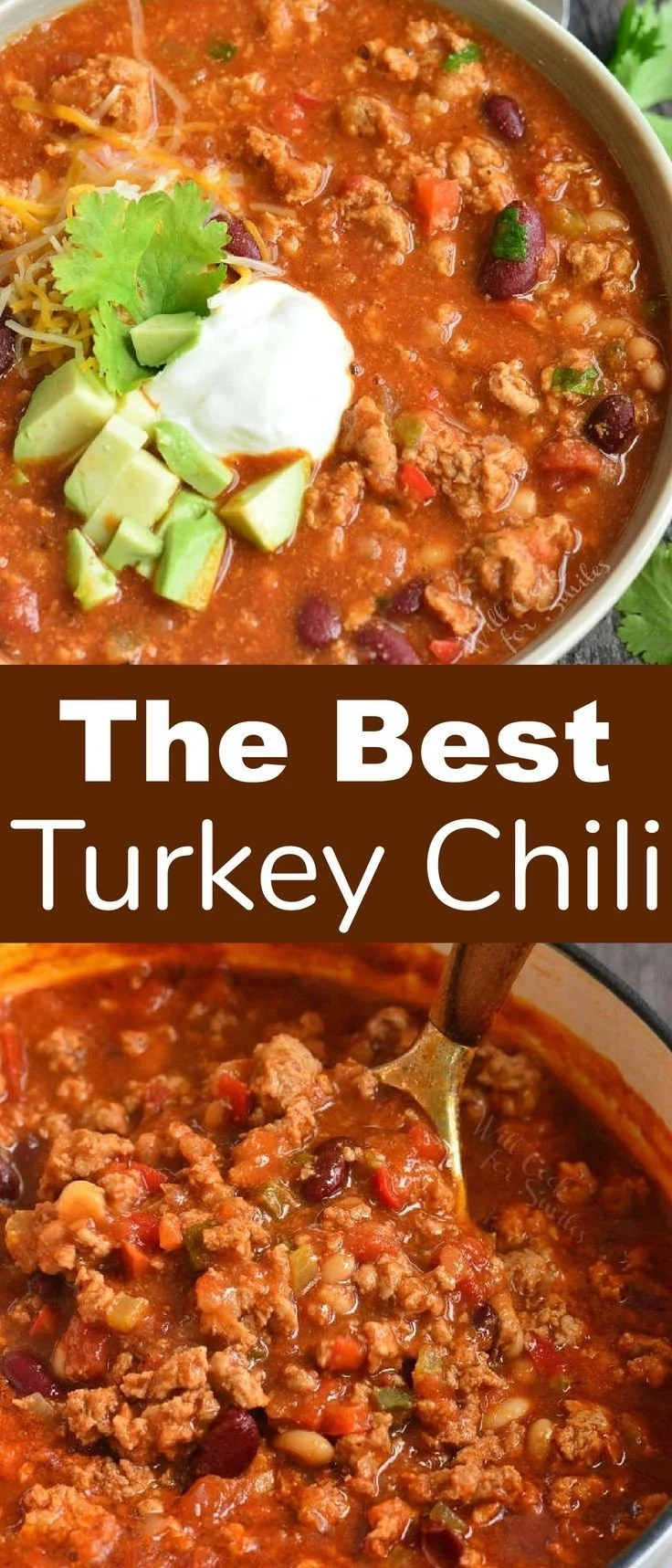 Bowl of delicious turkey chili topped with avocado and cilantro