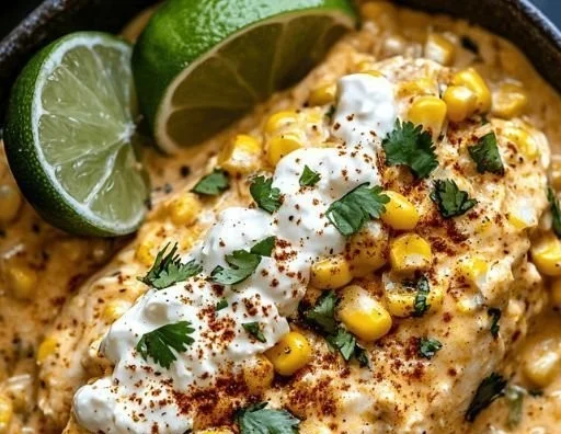 Ultimate Slow Cooker Street Corn Chicken recipe in a crockpot with corn and spices.