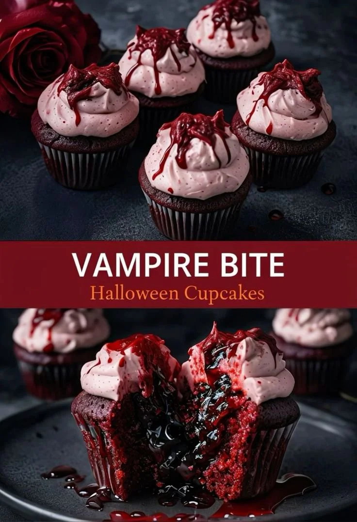 Halloween vampire bite cupcakes with dripping red frosting