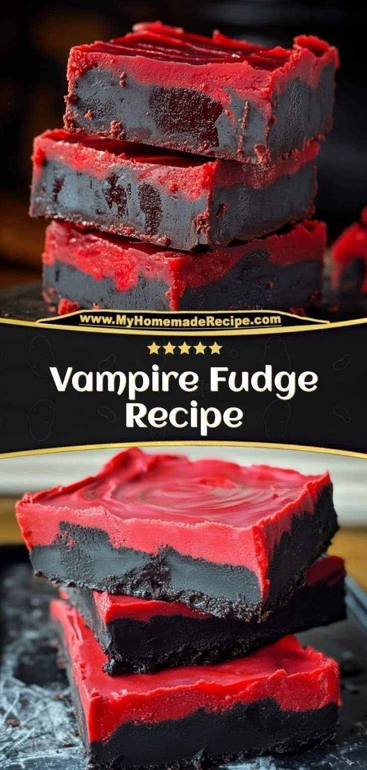Homemade Vampire Fudge recipe featuring spooky red and black colors.