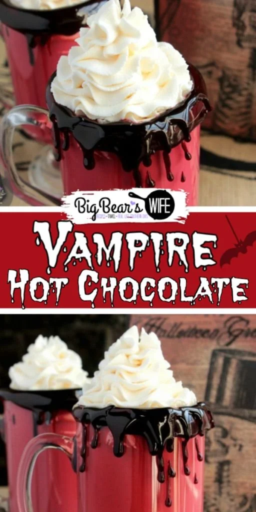 A spooky Vampire Hot Chocolate topped with whipped cream and dark chocolate drizzle.