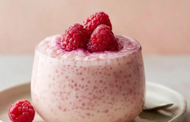 Vanilla raspberry chia pudding bowl topped with fresh raspberries and mint