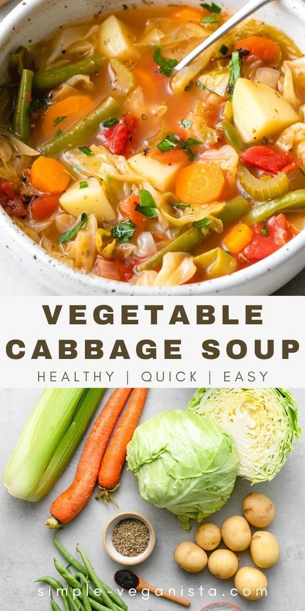 Bowl of vegetable cabbage soup, healthy and vegan recipe