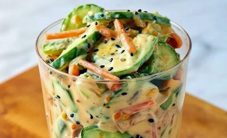 Viral creamy Asian cucumber salad served in a bowl, garnished with sesame seeds.